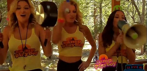  Busty college teens at camp doing topless aerobics